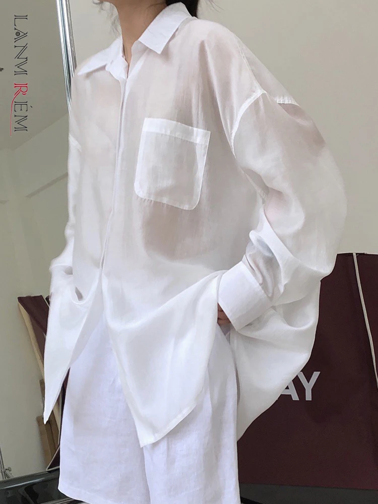 

EWQ 2023 Summer New Sun Prevention Shirt For Women Lapel Single Breasted Long Sleeve Blouses Chiffon Female Tops 26D3241