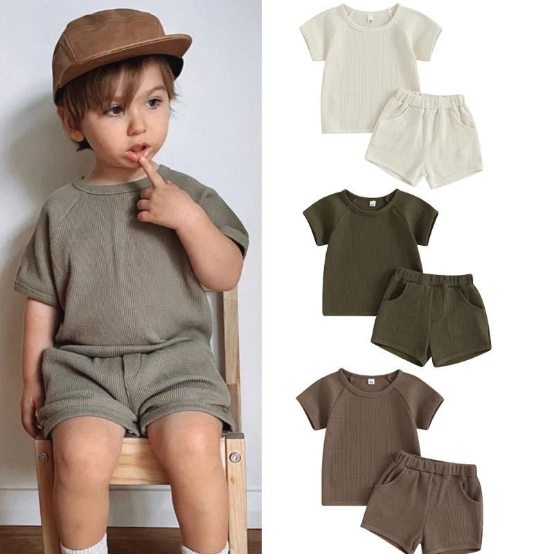 

Summer Children's Set 0-5 Year Old Girls Waffle Short sleeved T-shirt Fashion Solid Color Boys T-shirt Top Shorts Set