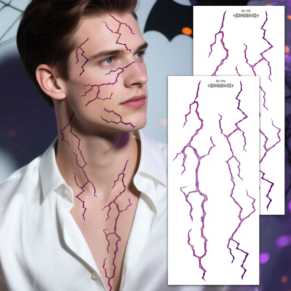 Large Fake Tattoo Stickers 2PCS Detailed Black and Red Lightning Vein Design for Halloween Party Face & Body Art Supplies