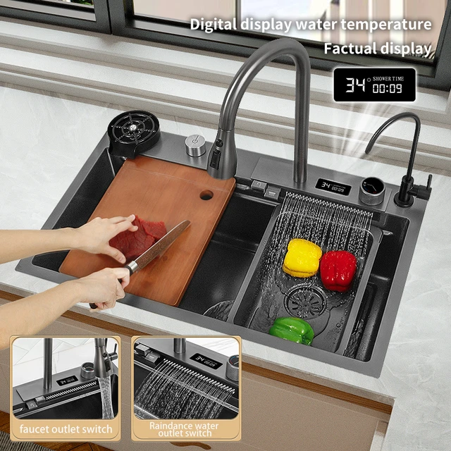 CharacterKitchen-Évier cascade en acier inoxydable 304, affichage  numérique, grand nœud simple, tactile multifonction, robinet cascade -  AliExpress