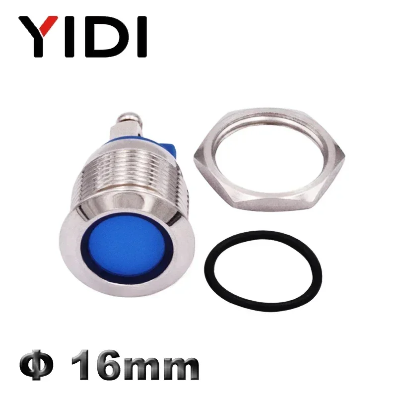 16mm 방수 크롬 금속 LED 표시 등 파일럿 신호 경고등 12V 24V 220V 빨간색 녹색 파란색 흰색 나사 고정 터미널