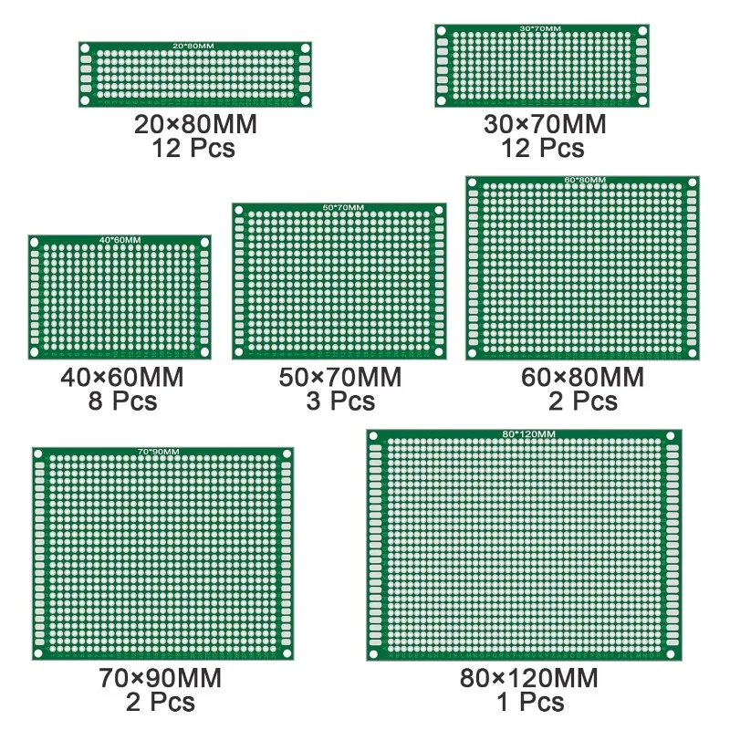 AUKENIEN 7 값 40pcs 양면 PCB 키트 2x8 3x7 4x6 5x7 6x8 7x9 8x12 Arduino DIY 납땜용 프로토타입 보드