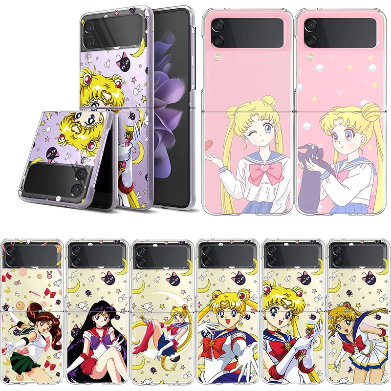z flip3 case Japan Anime Cute Cartoon Sailor Moon Case For Samsung Galaxy Z Flip 3 5G Capa 6.7" PC Hard Clear Cover For Samsung Z Flip3 Coque z flip3 case