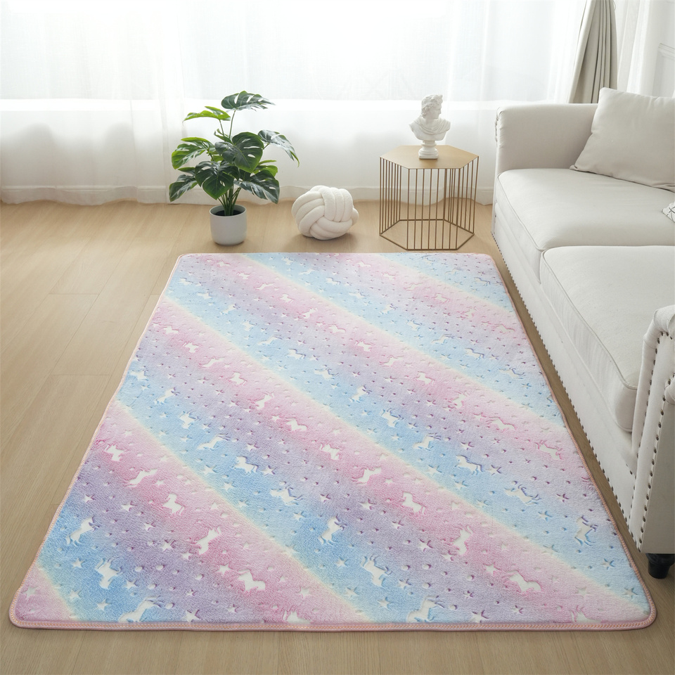 Rainbow Unicorn Pattern Glow in The Dark Area Rug Large Area Rug Carpet Glowing in The Dark Big Stars for Children Room Decor