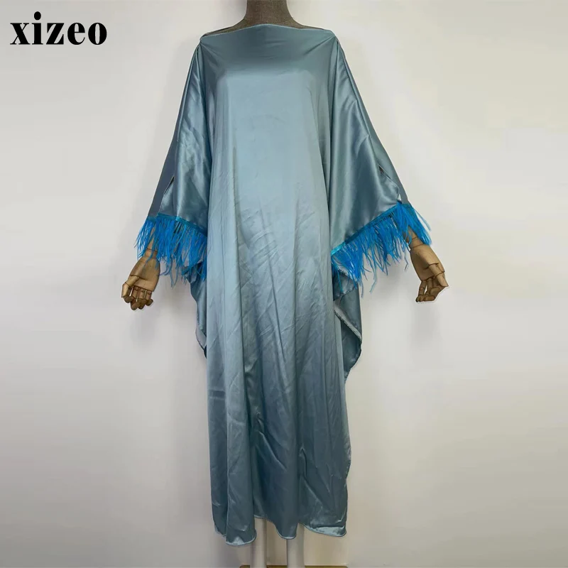 XIZEO Summer Women kaftan fashion monocolour Boho African Holiday party free size long Sleeve Silk feeling Robe Caftan