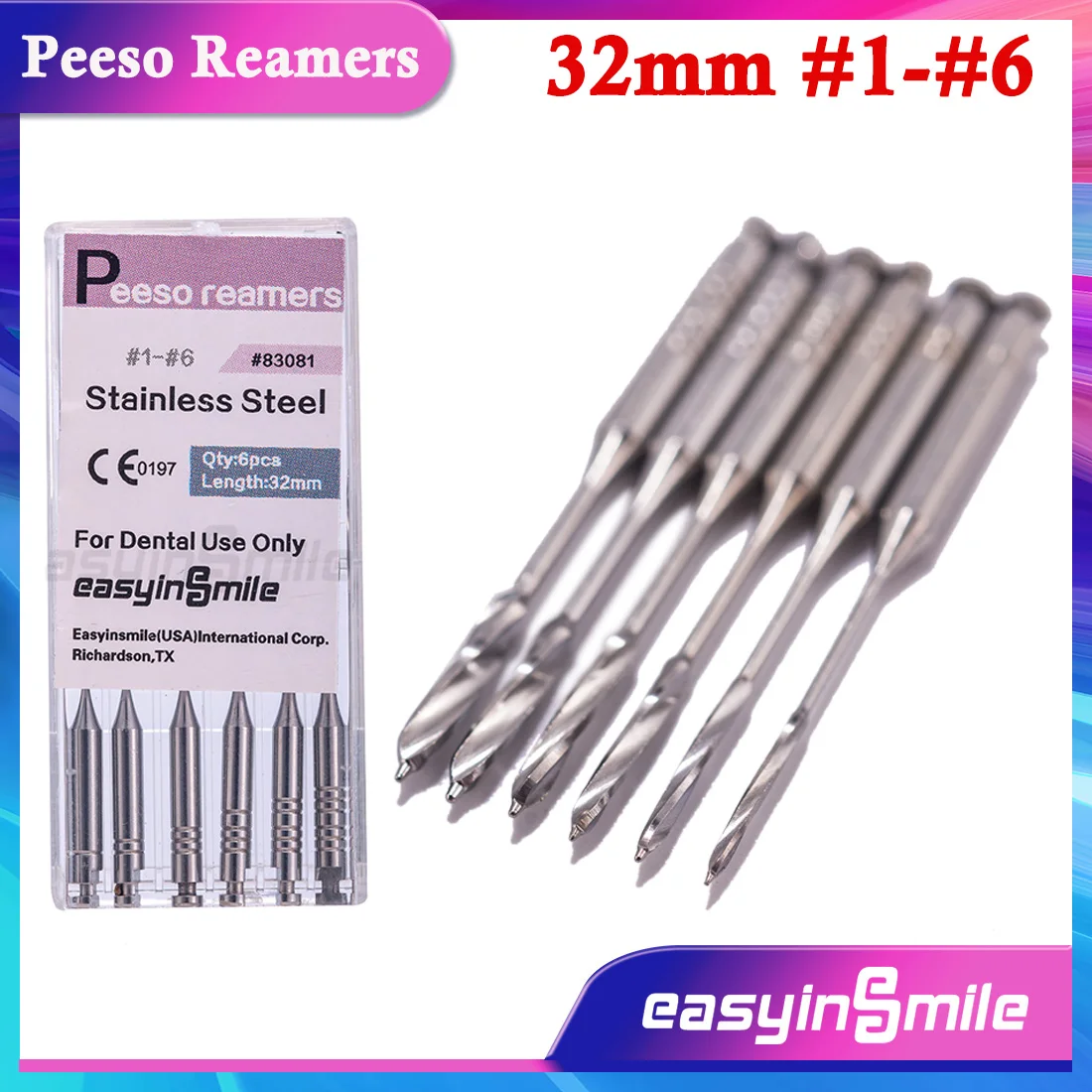 

EASYINSMILE 6Pcs Dental Peeso Reamers Drills #1-6 Stainless Steel Endo Endodontic Root Canal Files 32mm