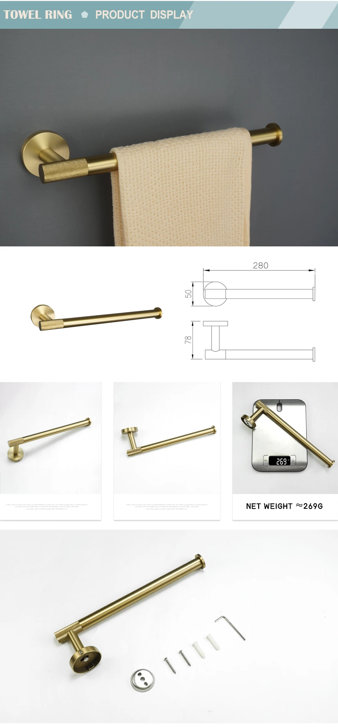 Description Picture 6 of itemGolden Towel Rack Towel Bar Ring Brushed Gold Hardware Set Robe Coat Hook Toilet Tissue Paper Holder Bathroom Accessories Kit
