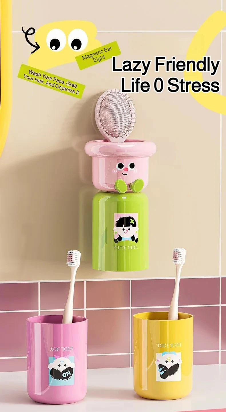 Cartoon Magnetic Toothbrush Holder Wall Mounted Bathroom Cup Organizer_voghion.com
