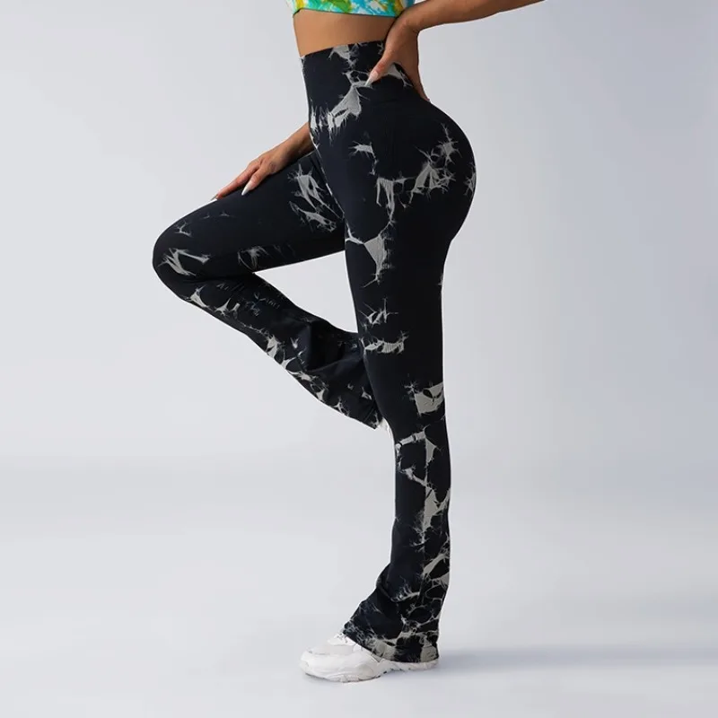 Tie dye Yoga flare pants high waist hip casual sports fitness pants stretch slimming tight belly wide leg pants women's leggings
