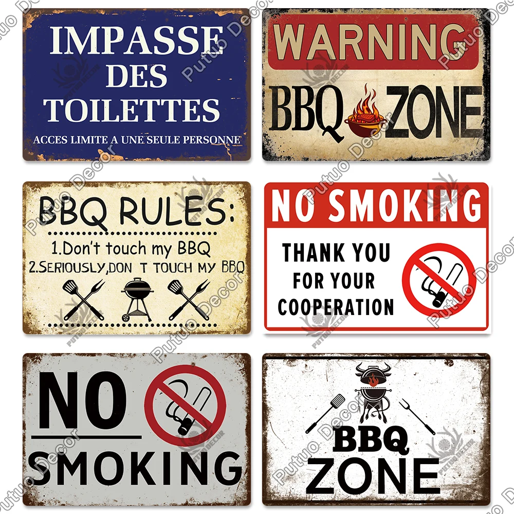 Putuo 장식 경고 BBQ Tin Sign No Smoking Plaque Metal Vintage Poster Wall Art Decor for Garage Quiet Zone Home Backyard