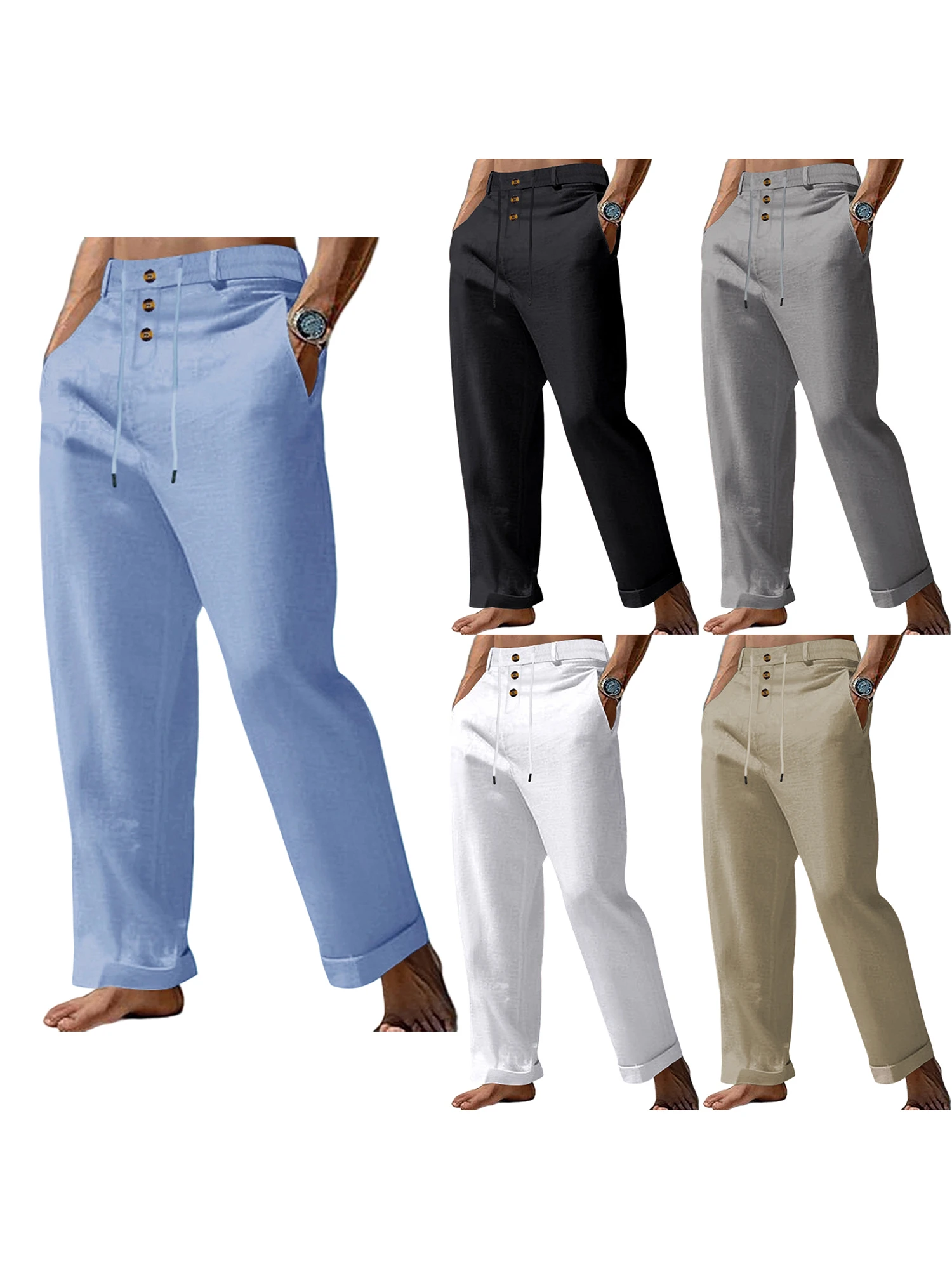 Men s Lightweight Linen Drawstring Beach Pants with High Waist and Button Front Closure for Casual Summer Lounging