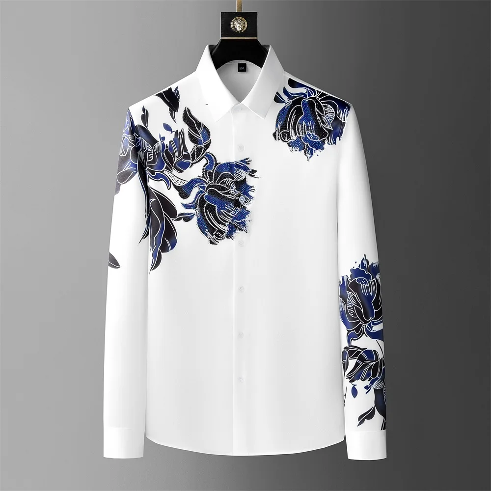 

Luxury Rhinestone Flower Shirts Men Long Sleeve Slim Casual Shirts High-quality Business Social Dress Shirts Camisa Masculina