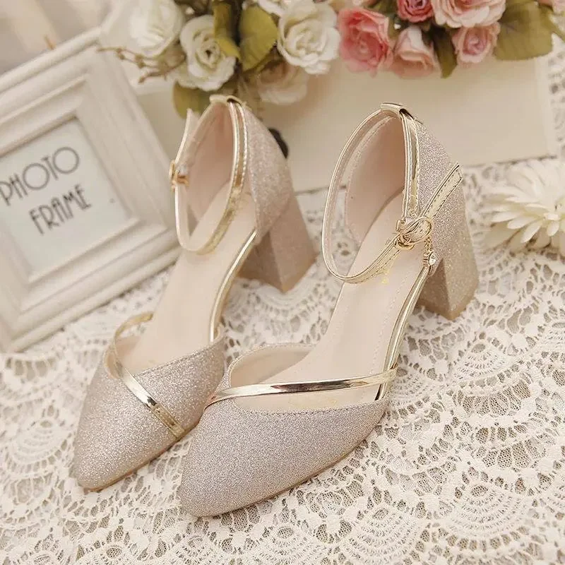 Summer Women's Pointed Head High Heeled Sequin Sandals women slingback sandals women high heels shoes Woman Sexy Shoes Fashion Pearl Decoration Slingback Female Pumps