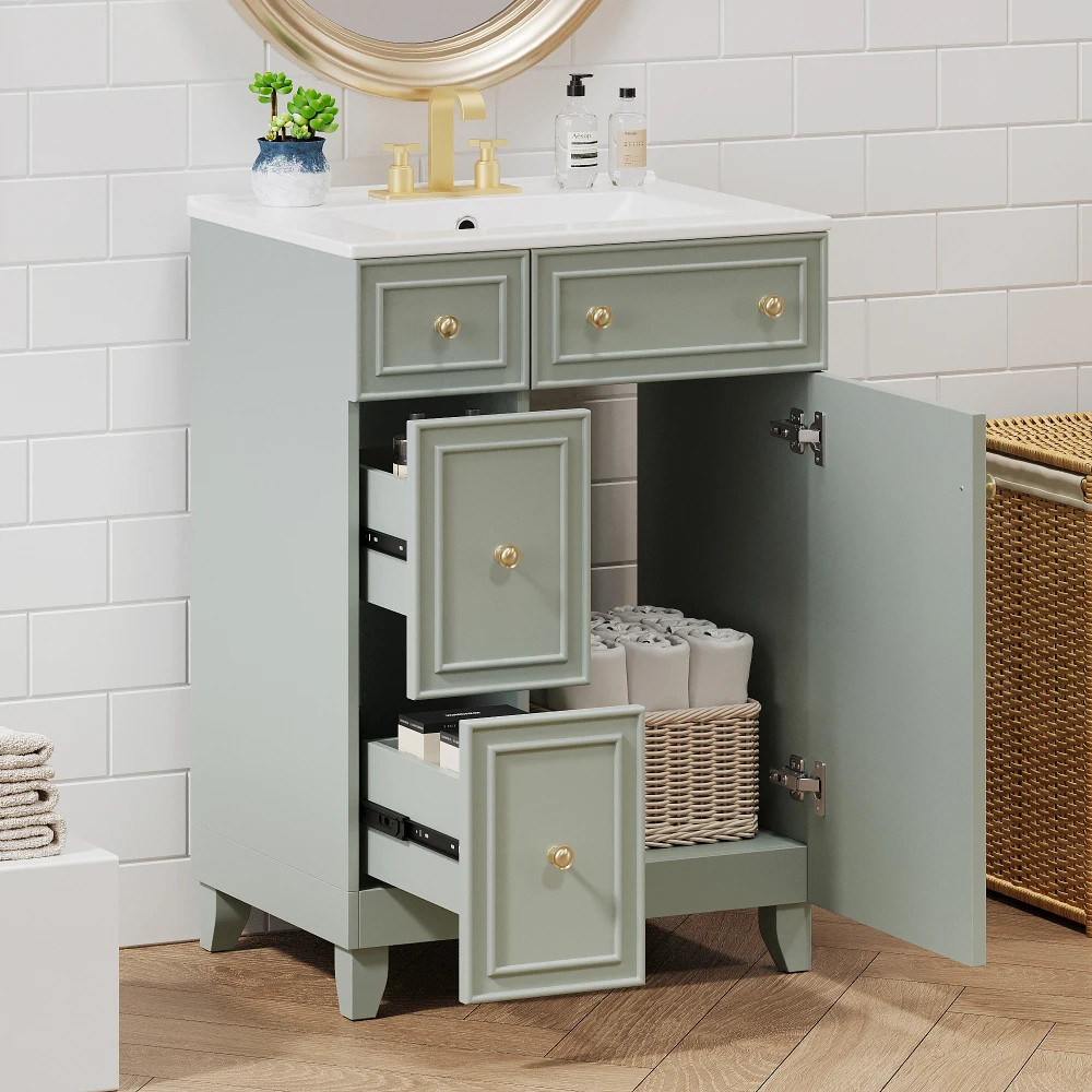 24-Inch Bathroom Vanity Cabinet with Ceramic Sink, 2 Drawers, 1 Door 3