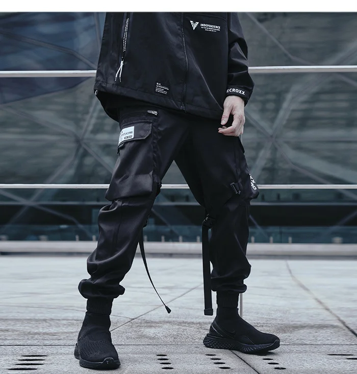 Pocket Ribbon Elastic Waist Cargo Pants Men's Hip Hop Tactical Function Harem Pants Streetwear Harajuku Jogger orange cargo pants