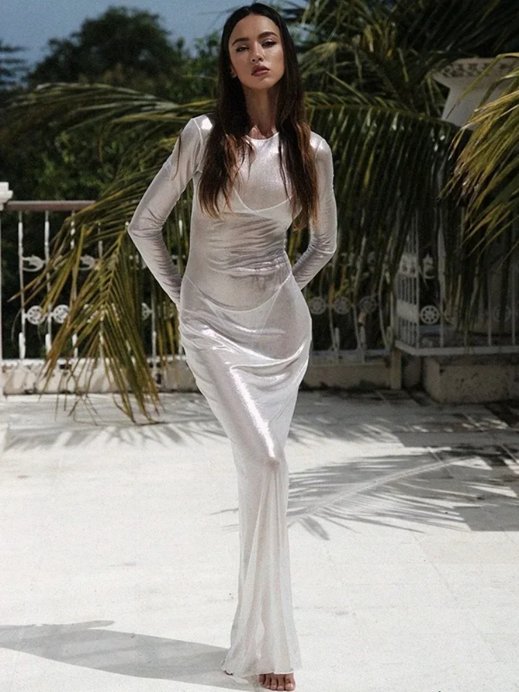 Mesh See Through Maxi Dresses For Women Beach Cover-ups Long Sleeve Vestidos De Mujer Slim Fit One Piece Hot Club Rave Outfits