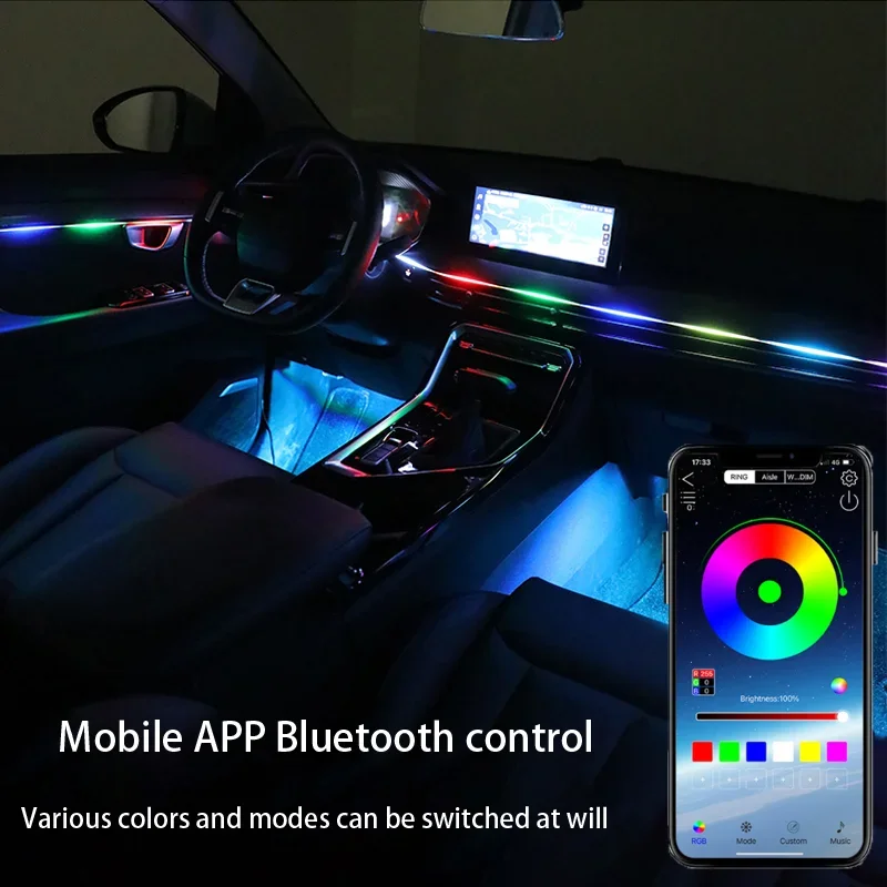 자동차 LED 아크릴 스트립 주변 조명, 64 색, 110cm, 90cm, 75cm, 35cm, 20cm, 풀 컬러 RGB 자동차 인테리어 블루투스 앱 제어