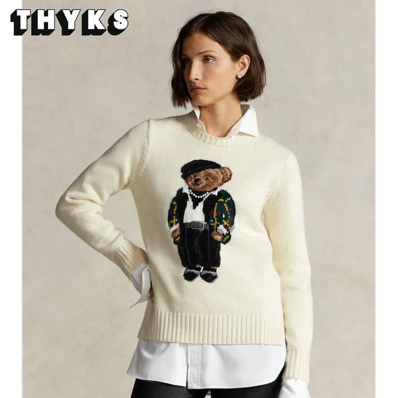 

New White Black Bear Women's Knitting Winter Cartoon Bear Sweater Casual Korean Fashion Long Sleeve Pullover Streetwear