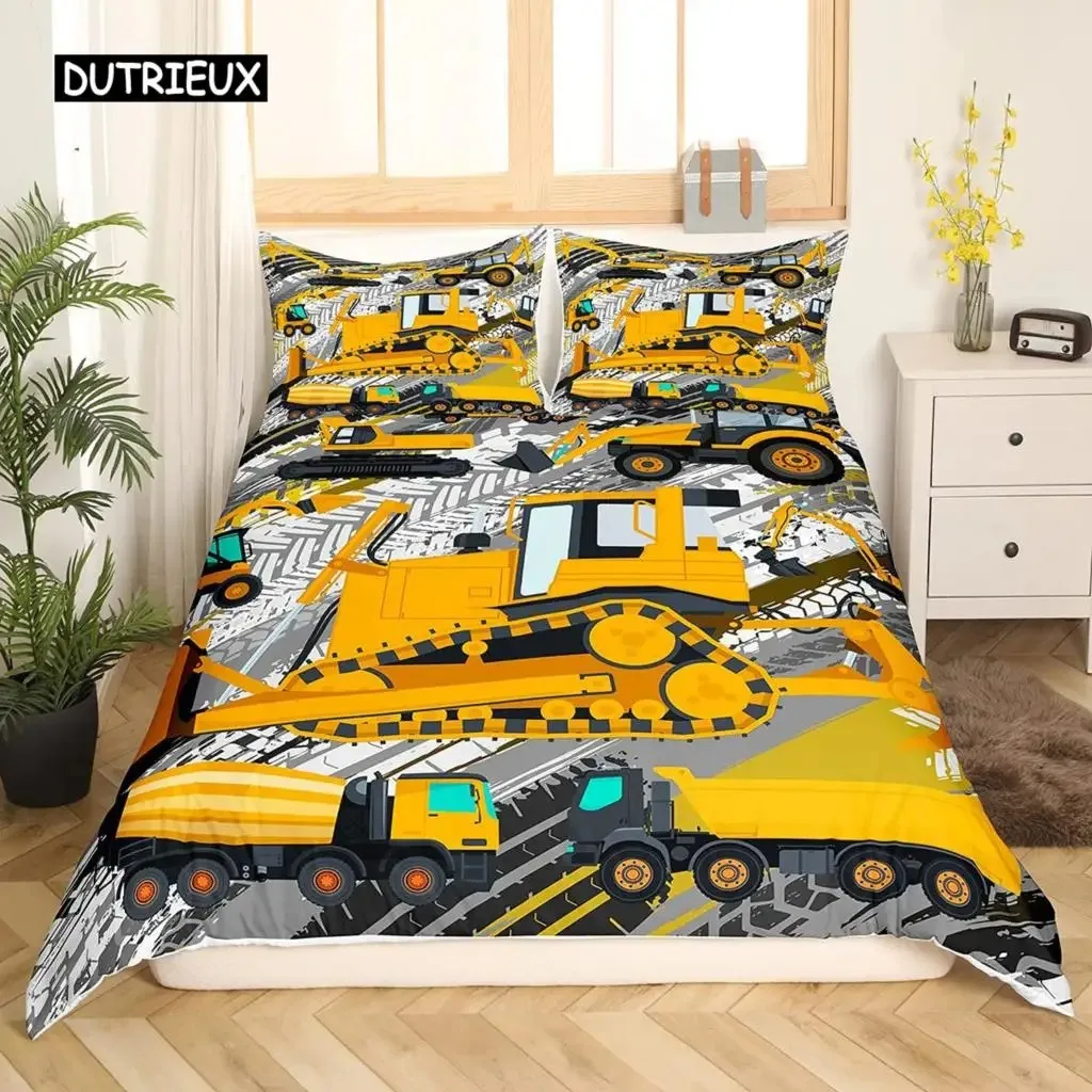 Construction Vehicles Truck Car Bedding Set Boys Excavator Duvet Cover Kids Cartoon Tractor Truck Soft Polyester Comforter Cover 3