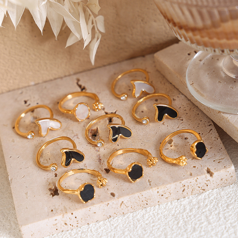 Stainless Steel Jewelry Gift Batch Ladies Open Ring Black and White Shell Round Gold Color Zircon Rings