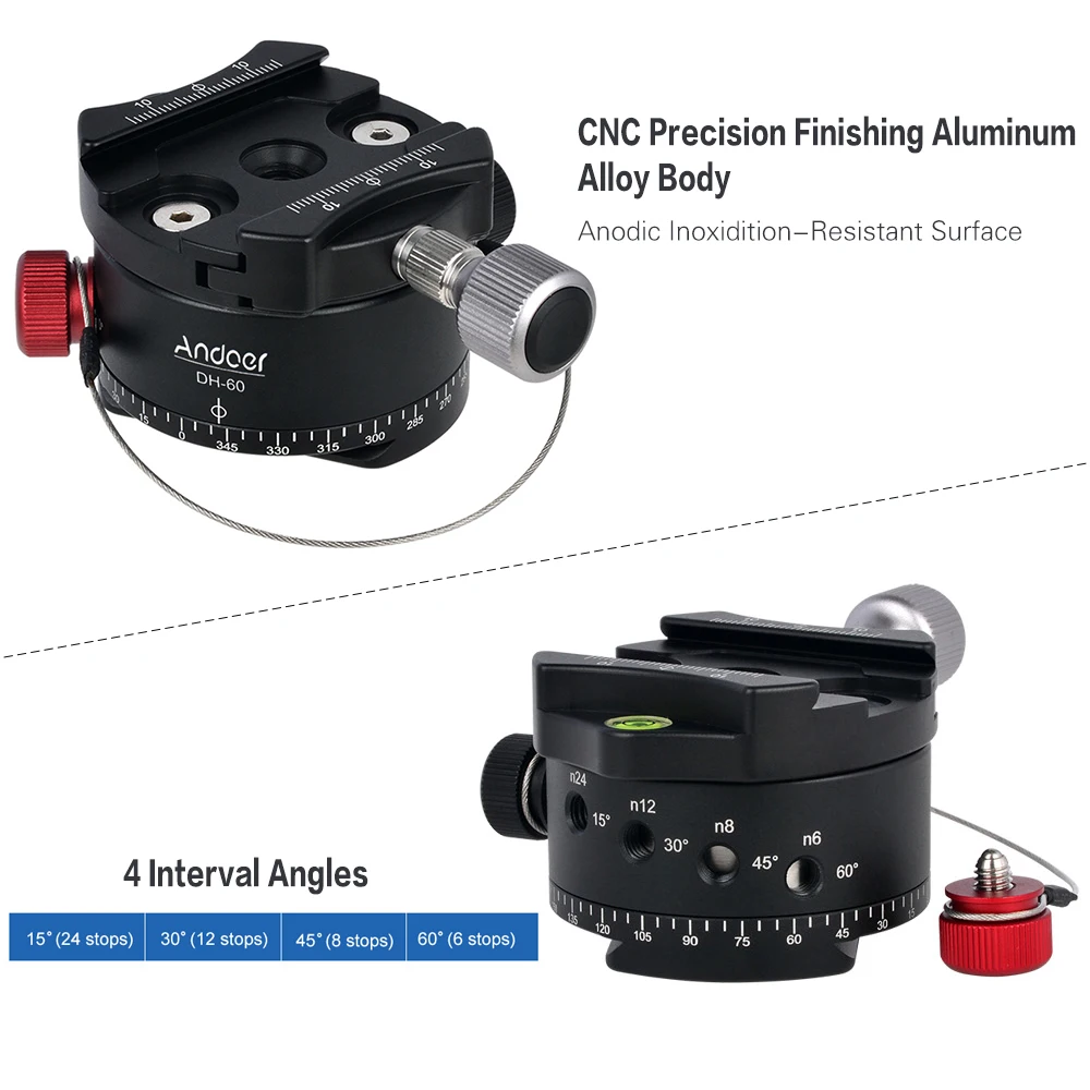 Andoer DH-60 Panoramic Ball Head Indexing Rotator HDR Tripod Head CNC Aluminum Alloy Max. Load 33Lbs for DSLR Camera