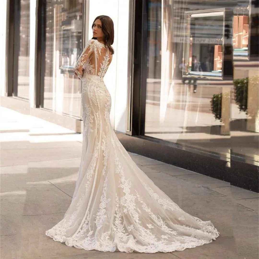 Exquisite Wedding Dresses Deep V-Neck Bridal Gowns Lace Appliques Long Sleeves Floor Length Robes Vestidos De Novia Customized 2
