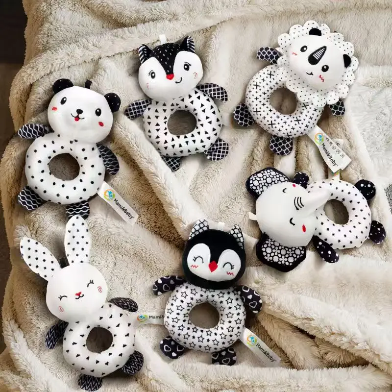 Baby Teething Rattle Toy with Squeaky Sound, Black and White Handheld Sensory Shaker for Newborn 0-12 Months, Cute Grip Ring for - 6