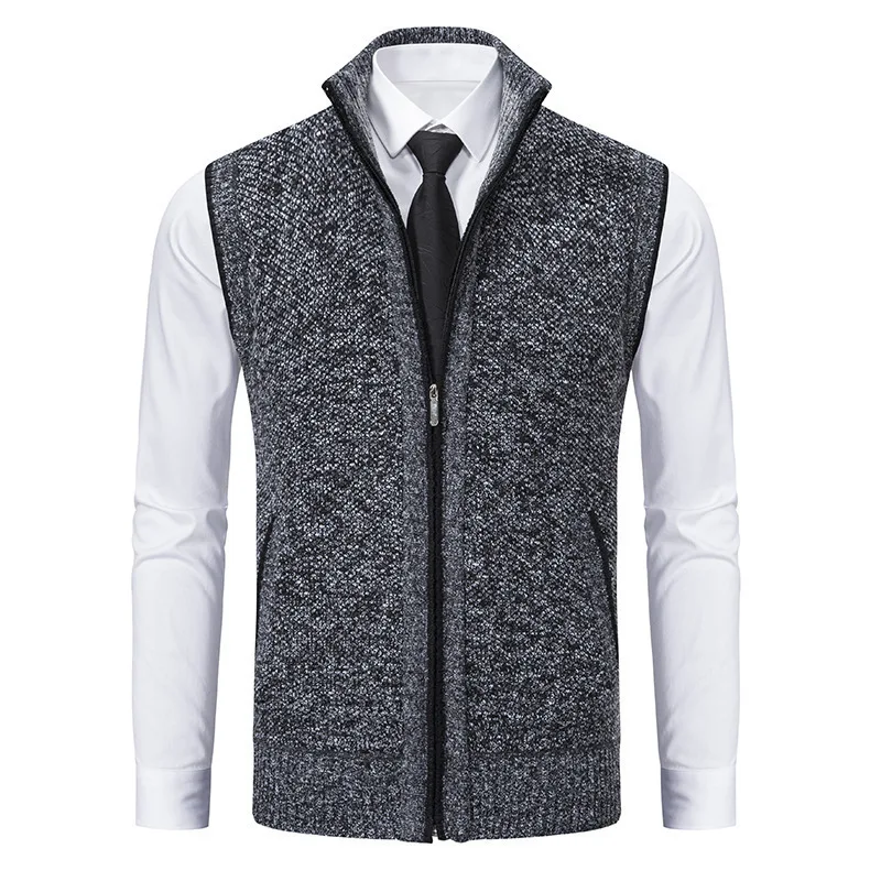 #4869 Autumn Winter Knitwear Sweater Vest Men Zipper Stand Collar Solid Color Outerwear Knitted Vest Man Cardigan Waistcoat Warm 3