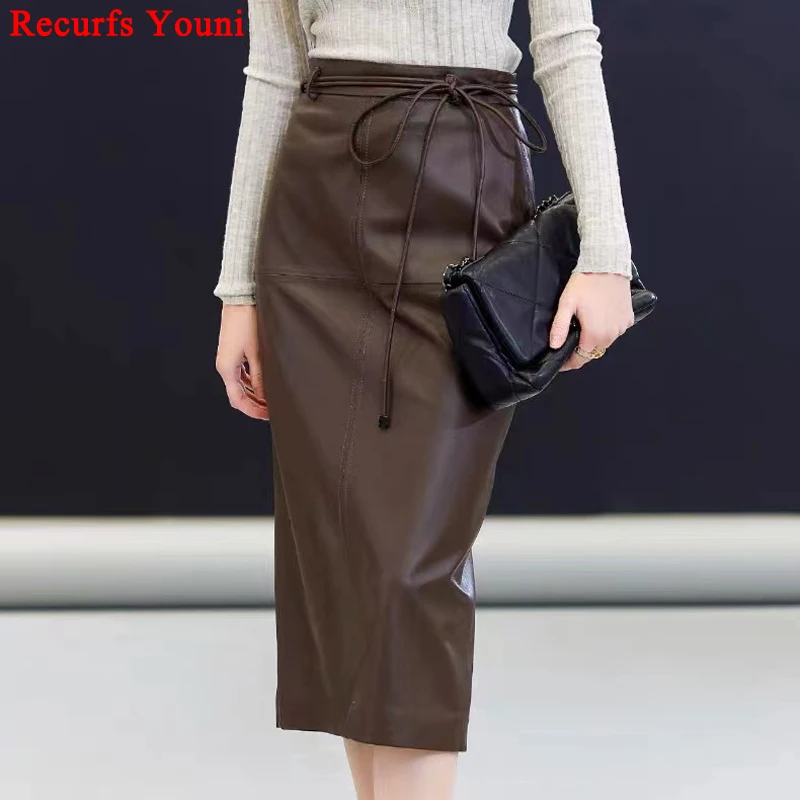 

Leather Wrap Skirt For Women Imported Sheepskin Mid Length Faldas Mujer OL Commuting Straight Split Back Lace-up Long Saia