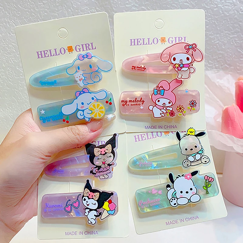 

2PCS Sanrio Anime Figure Hello Kity Melody Kuromi Purin Cinnamon Pochacco Hairpin Headwear Hair Clip For Girls Hair Accessories