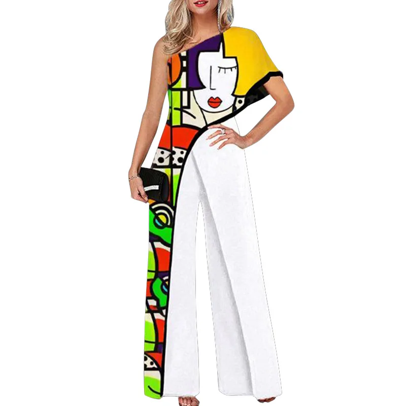 

Colorful Ladies Face Print Slim Jumpsuits Summer Off Shoulder Diagonal Collar Sexy Rompers Women Loose Straight Wide Leg Pants
