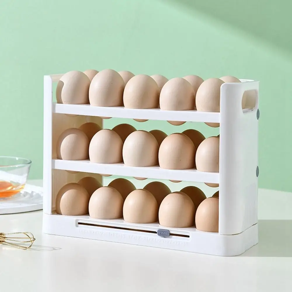 Egg Carton 1Pc Plastic Egg Storage Shelf Flippable 3 Layer 30 Count Egg Holder For Refrigerator Side Door Large Capacity with Handle