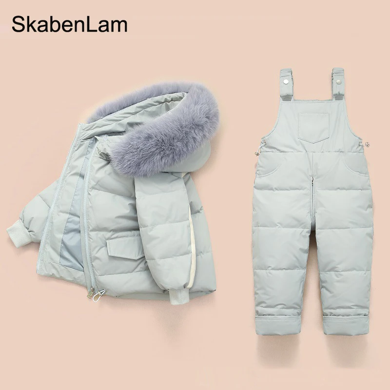

Winter Overalls for Girl Kids Snowsuit Duck Down Parka Coat White Fur Outerwear Children Warm Jackets Baby Jumpsuit 1-4 Year Old