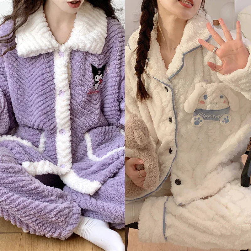 

Sanrio Kuromi Kawaii Женская аниме осень-зима дни кораллового флиса утолщенная фланелевая мультяшная Пижама женская