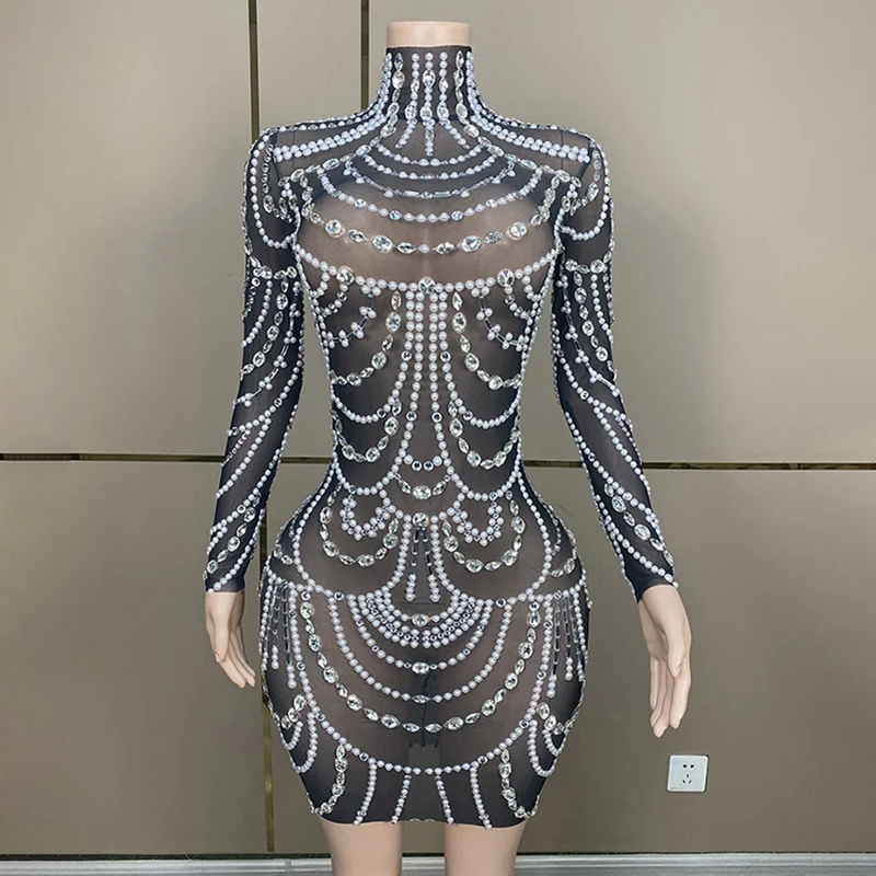 

High Collar Rhinestones Dress Women Birthday Party Long Sleeve Pearls Dress Drag Queen Costume Banquets Evening Dresses