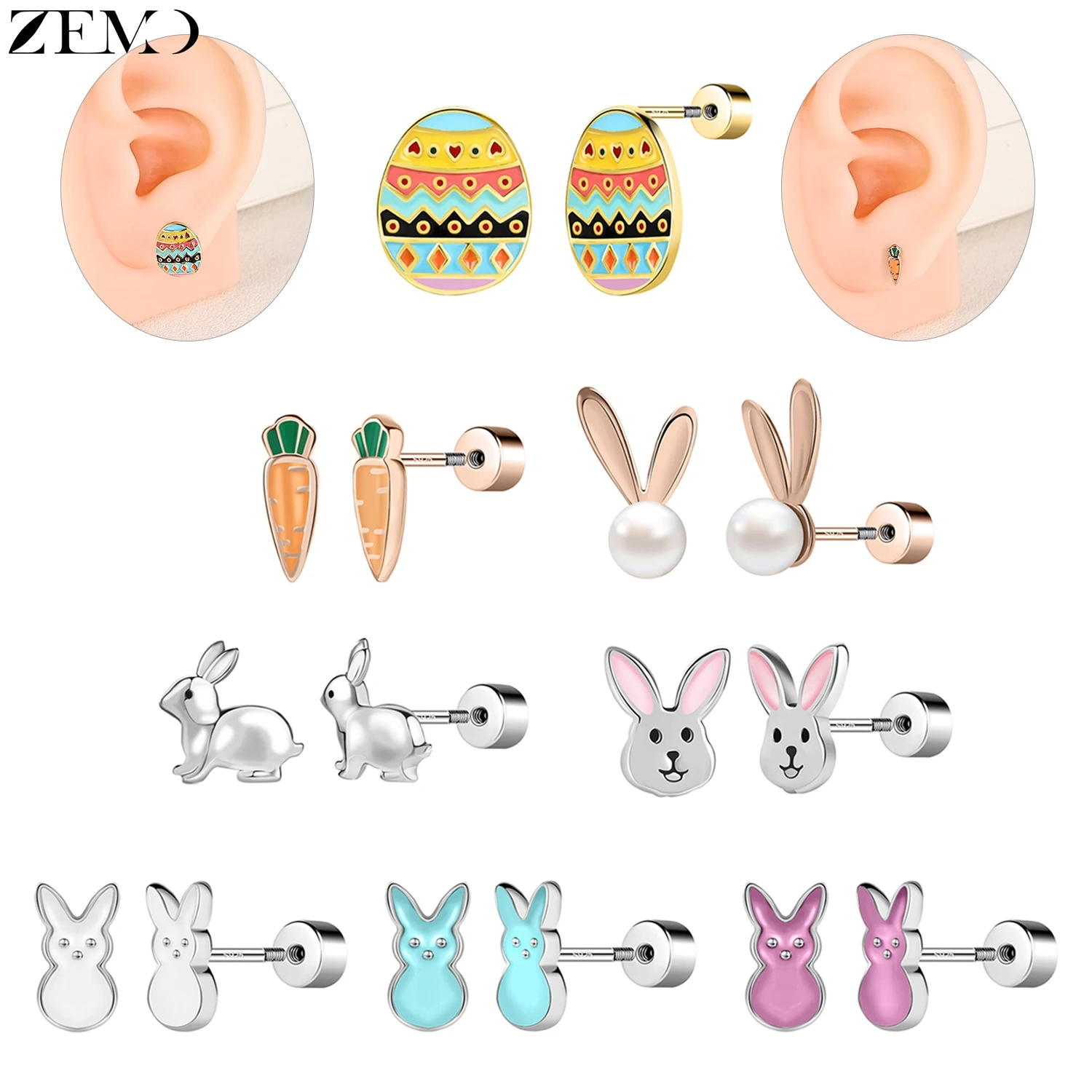 925 Sterling Silver Ear Studs 1 Pair 20G Easter Eggs Women Girls Stud Earrings Carrot Rabbit Helix Piercings Jewelry