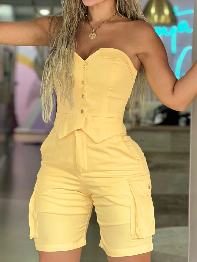 Bandeau Buttoned Top & Pocket Design Shorts Set