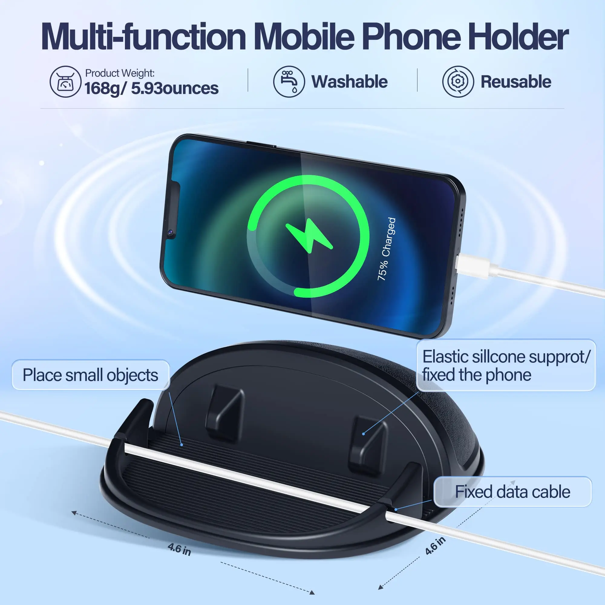 차량용 휴대폰 홀더, 대시보드용 실리콘 패드 매트, iPhone, , 안드로이드 및 GPS 장치용 미끄럼 방지 데스크 스탠드(검은색)