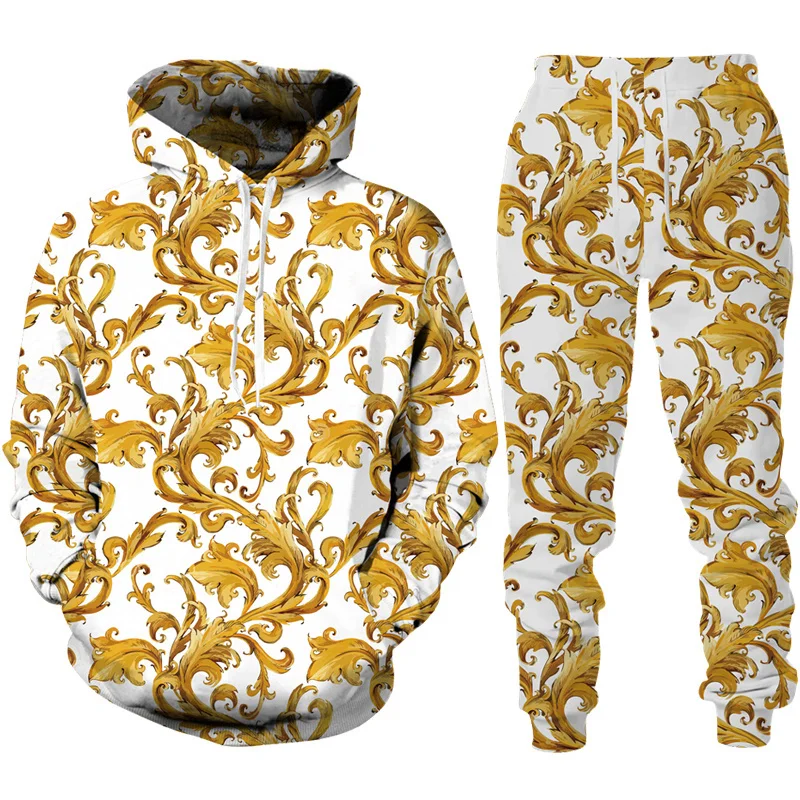 Tuta Da Uomo 2 Pezzi Con Stampa Catena Dorata, Felpa Con Cappuccio E Pantaloni, Casual Hip-Hop, Taglia M