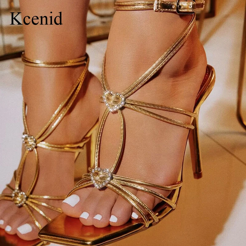 Kcenid 2024 Summer Fashion Love Rhinestone Designer Gold Silver Wedding Party Bride Ankle Strap Sandals Open Toe Pumps Women