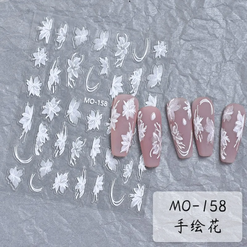 5D Nail Stickers Hand-painted white liquid butterfly Decals  Back Glue Nail Decal Stickers For Nail Tips Beauty