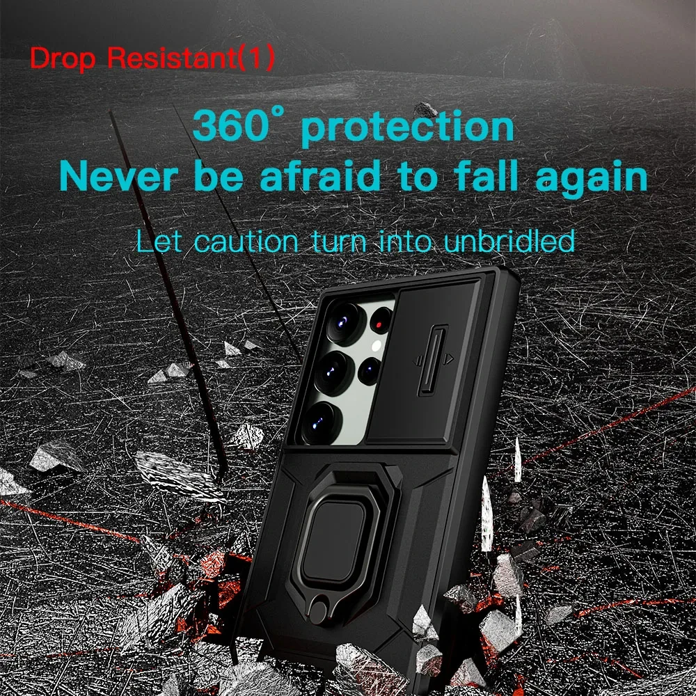 Case For Samsung S24 S23 Ultra Plus A54 A34 A14 4G 5G Slide Camera Ring Stand Armor Anti-fall Protection Kickstand_voghion.com
