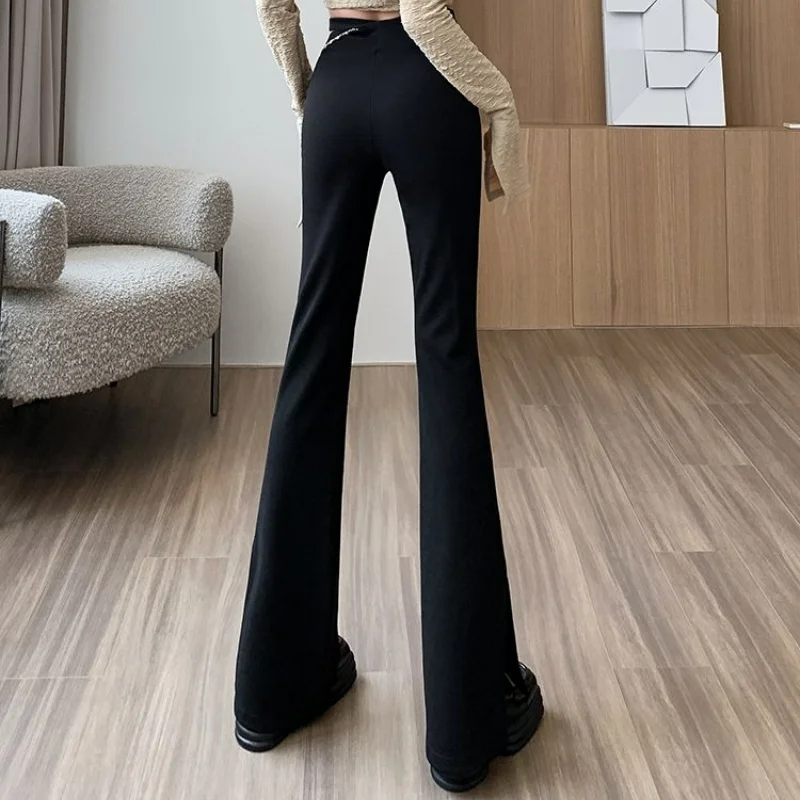 Fashion Design High Waisted Split Flare Pans Women's Black Elastic Waist Personalized Street Korean Slim Fit Straight Trousers