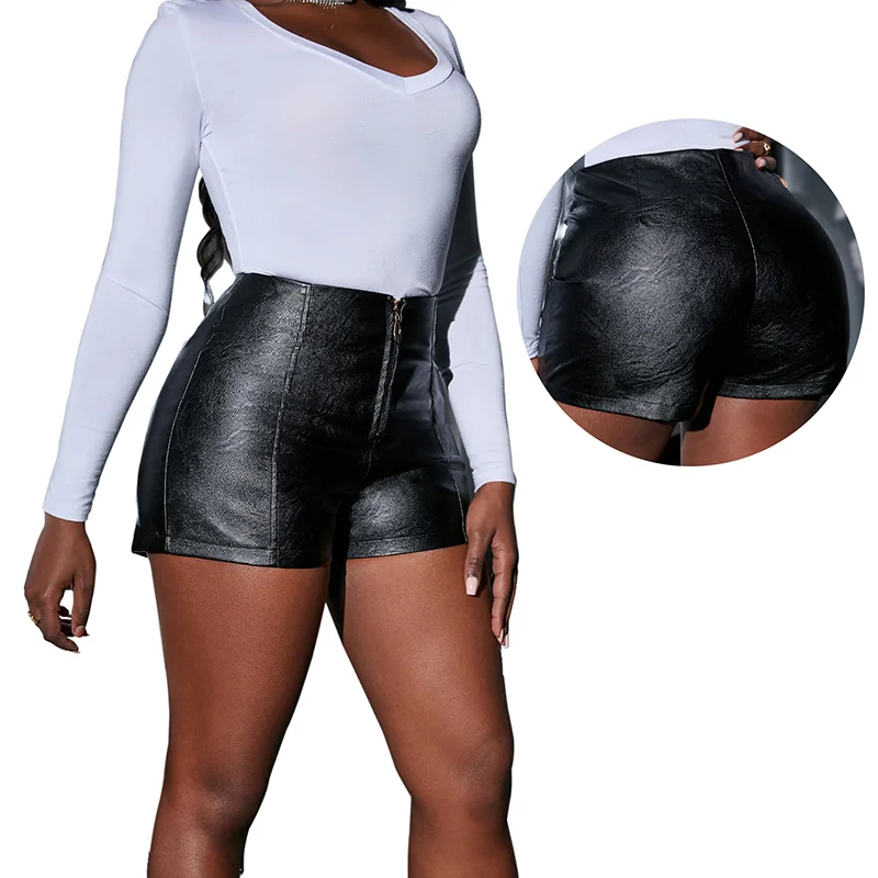 

Woman Sexy Leather Mini Shorts PU Casual Zipper Mini Hot Pants High Rise Black Erotic Booty Lift Workout T Show Fashion Cloth