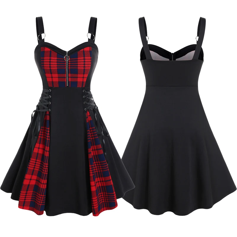 Gothic Dresses Lace Up Plaid Half Zipper Sleeveless Knee Length A Line
