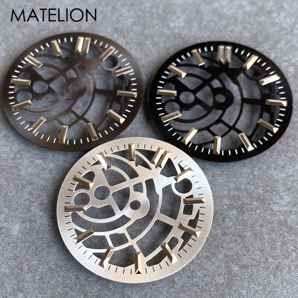 Silver and Black Skeleton Watch Dial with Metallic Markers - 29mm