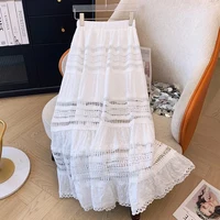 Embroidery Eyelet Cut-out Maxi Skirt White Cotton Semi Sheer Flowy Long Skirt Women Boho Summer Vacation Fairycore Outfit - Image 5