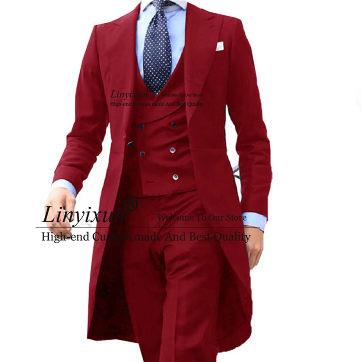 

Red Long Coat Designs Men Suit For Wedding 3 Pieces Set Groom Tuxedo Fashion Male Prom Blazer Costume Homme Jacket+Vest+Pants