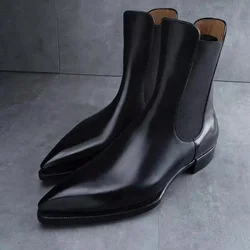 Black Chelsea Boots Business Men Ankle Boots Slip-On Round Toe Vintage Boots Size 38-48 Botas De Trabajo Hombre