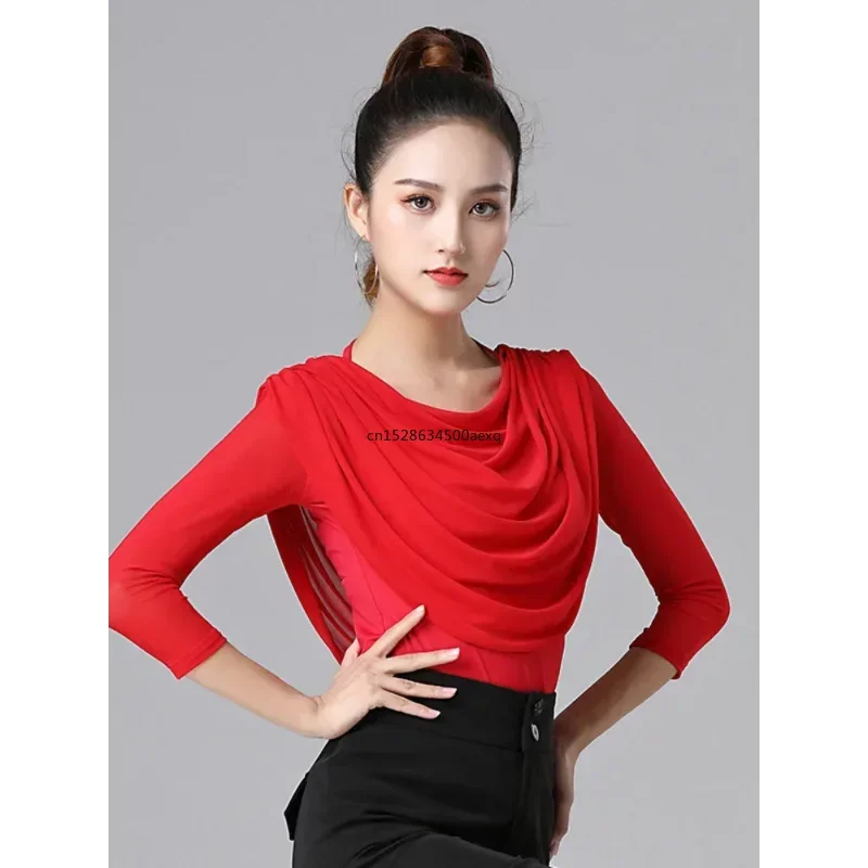 

Элегантный облегающий топ с оборками и бахромой, танцевальная спортивная одежда, Женский Латиноамериканский Топ, современный костюм для вальса для взрослых, однотонный цвет